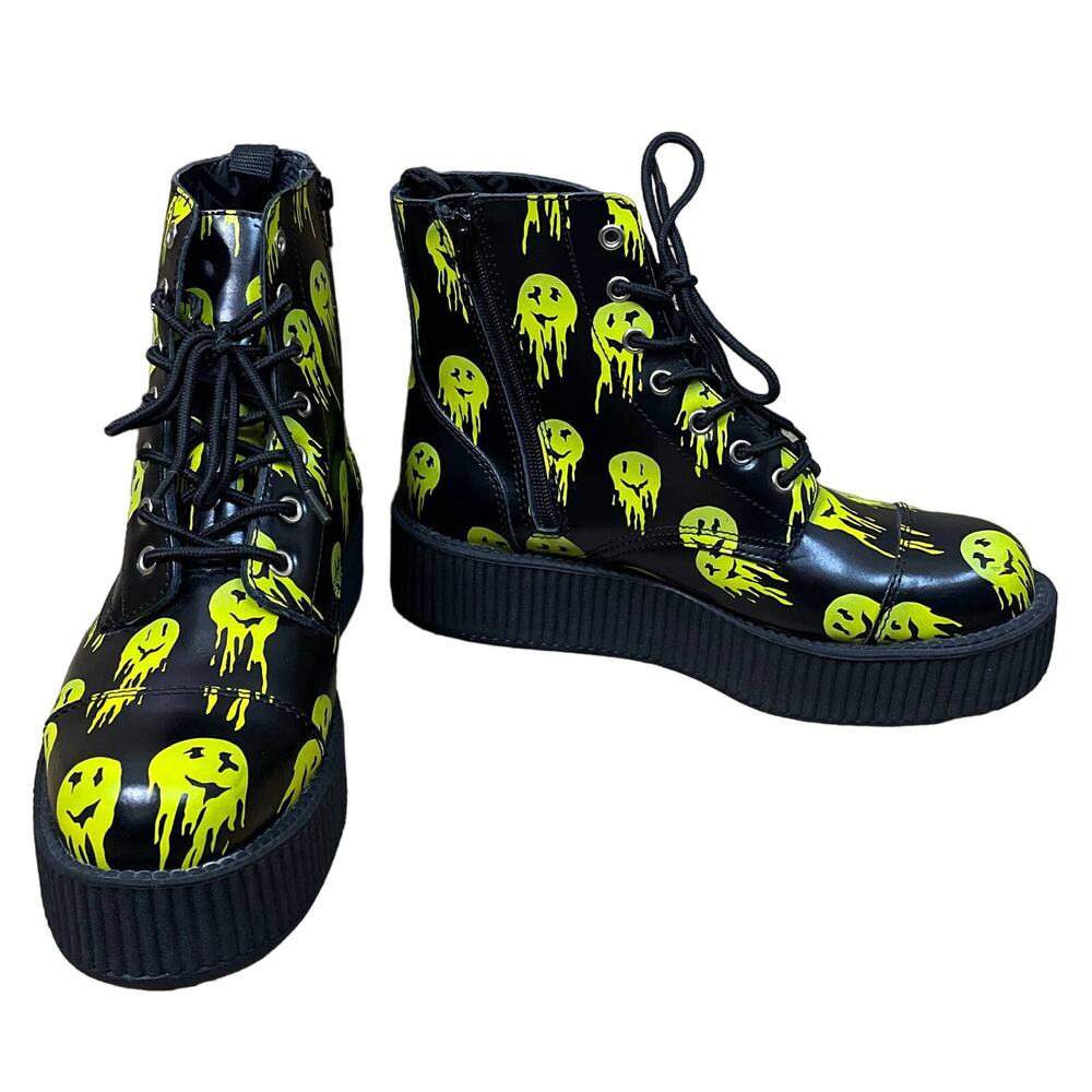 NEW T.U.K Happy Trip Smiley 7 Eye Viva Mondo Creeper Combat Boots Black Size 10